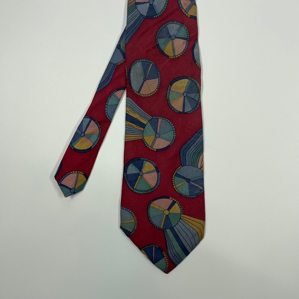 Desert Designs Red Geometric Circle Italian Silk Necktie Mens One Size